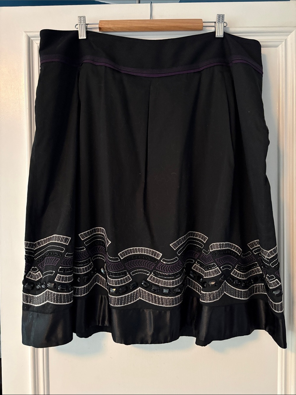 Plus Size Black Embroidered/Beaded A-Line Skirt with Subtle Purple Trim